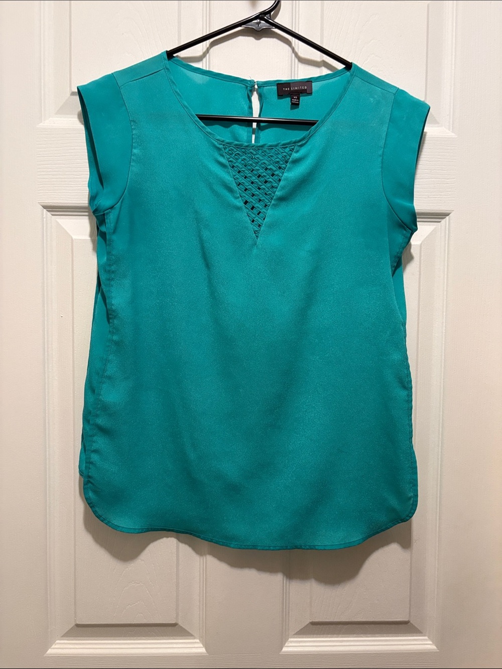 The Limited Teal Lattice V-Neck Cap-Sleeve Blouse